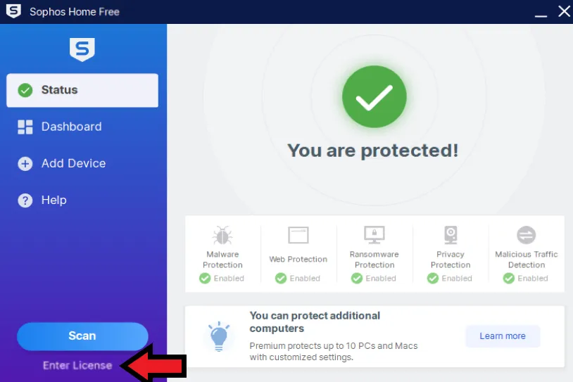 Sophos Home 2 Главная панель управления Sophos Home со статусом защиты