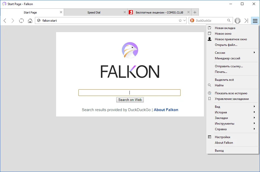 Falkon 2 Главное окно Falkon с вкладками и боковой панелью